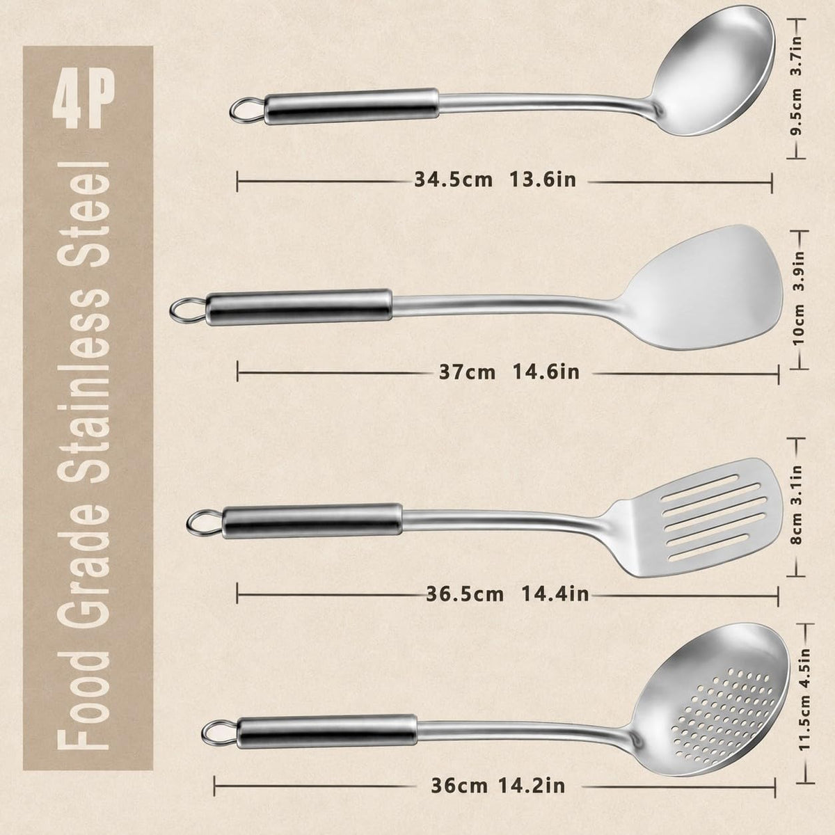 Pleafind 𝟑𝟑% 𝐎𝐅𝐅 Cooking Utensils Set - 4 Pcs Stainless Steel Kitchen Utensils Set with Solid Turner, Slotted Turner, Serving Ladle, Slotted Spoon, Wok Utensils Set with Heat Resistant Handle