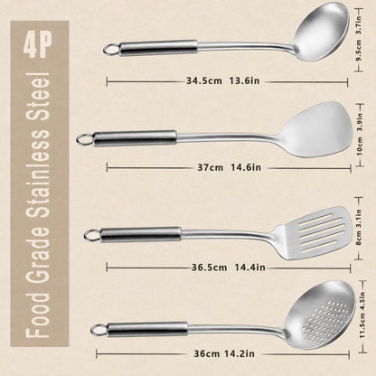 Pleafind 𝟑𝟑% 𝐎𝐅𝐅 Cooking Utensils Set - 4 Pcs Stainless Steel Kitchen Utensils Set with Solid Turner, Slotted Turner, Serving Ladle, Slotted Spoon, Wok Utensils Set with Heat Resistant Handle