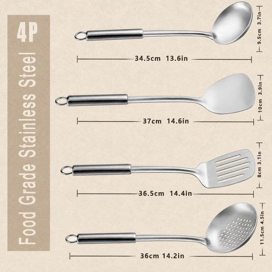 Pleafind 𝟑𝟑% 𝐎𝐅𝐅 Cooking Utensils Set - 4 Pcs Stainless Steel Kitchen Utensils Set with Solid Turner, Slotted Turner, Serving Ladle, Slotted Spoon, Wok Utensils Set with Heat Resistant Handle