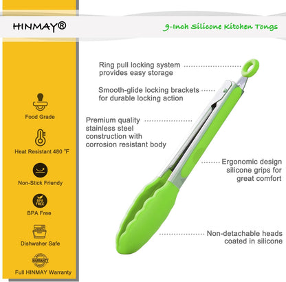 HINMAY Stainless Steel Kitchen Tongs 9-Inch Cooking Tongs, Set of 3