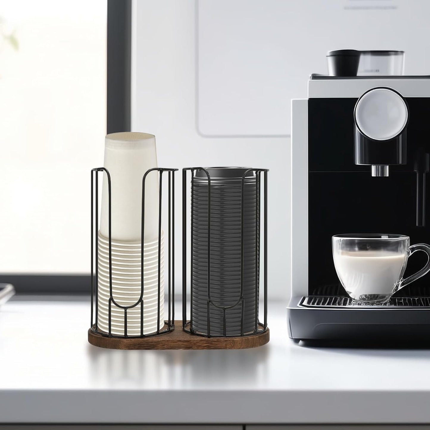 2-Compartment 18oz Coffee Cup Dispenser Rack with Wood Base, Disposable Cup, and Lid Organizer for Countertop - Perfect for Paper Cups, and Lid Organizer