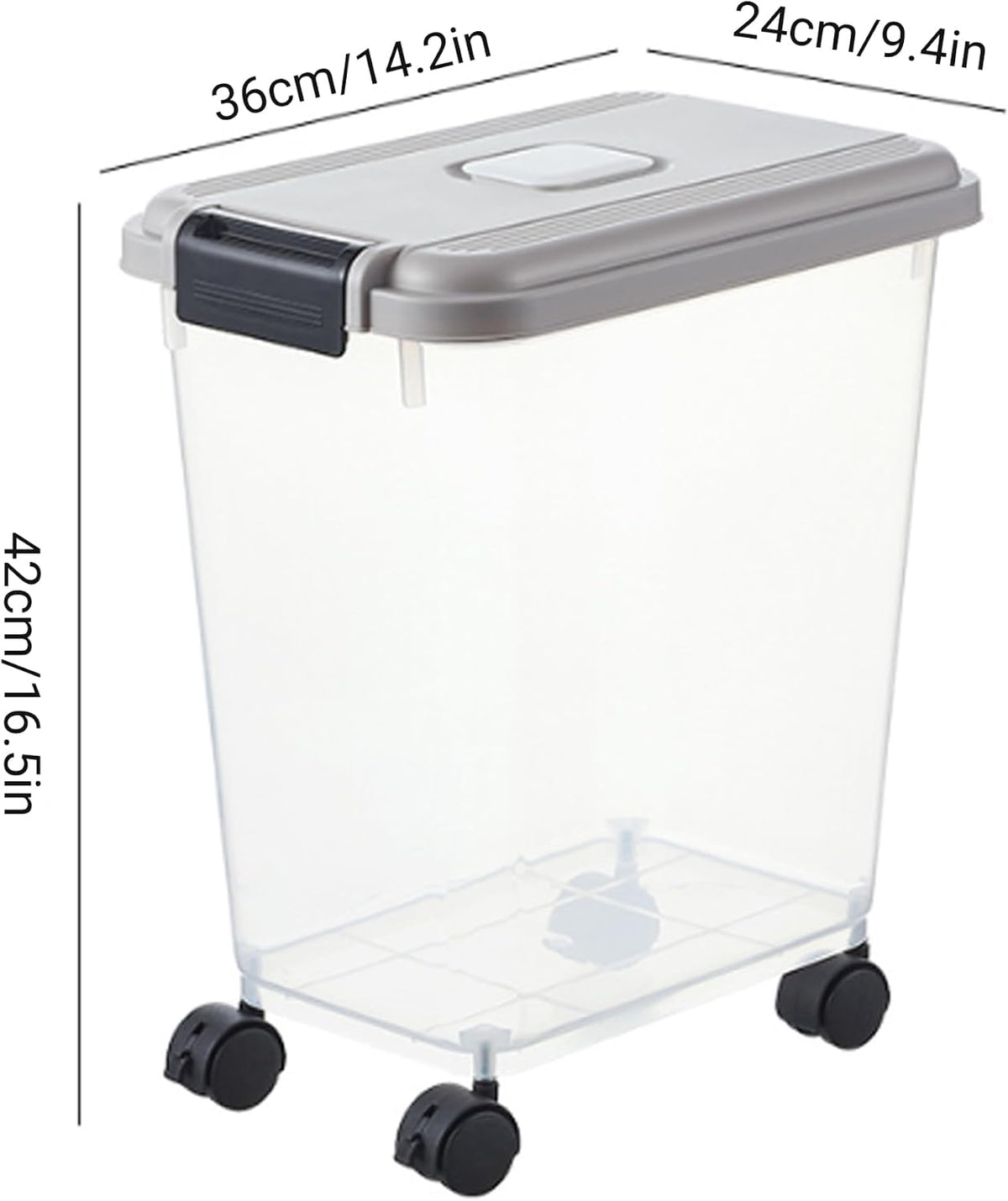 Pet Food Storage, Airtight Seal Large Pet Food Storage Container with Lockable Wheels, Transparent Bin - Gray (35lbs Rice/25lbs Flour) + Measuring Cup