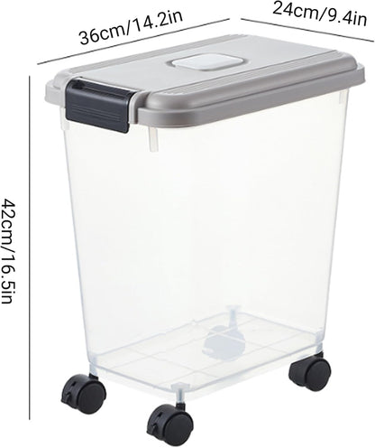 Pet Food Storage, Airtight Seal Large Pet Food Storage Container with Lockable Wheels, Transparent Bin - Gray (35lbs Rice/25lbs Flour) + Measuring Cup