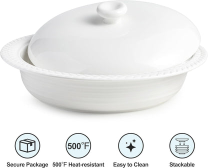 Deep Dish Pie Pan with Lid, 11 inch Ceramic Pie Dish, Round Baking Dish for Apple, Quiche, Pot Pies, Tart, etc, Microwave, Dishwasher, and Oven Safe