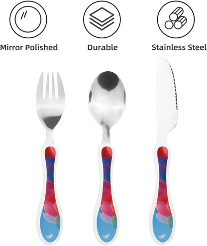 3-Piece Kids Silverware Set With Storage Case, Stainless Steel Reusable Children Safe Knife Spoon Fork Set Blue Active Girl Running Sunset Children Flatware Set For Kids Lunch Box - Colors C