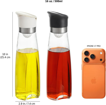Premium Glass Olive Oil and Vinegar Dispenser Bottles Set, 2-Piece 11oz Kitchen Cooking Cruet with Auto-Open Lid, Non-Drip Pouring Spout, Oil Infuser Filter, Dishwasher Safe
