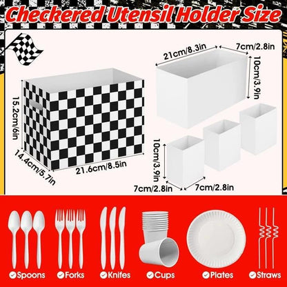 2PCS Red Gingham Utensil Holder Paper Utensil Caddy for Gingham Party Supplies Disposable Cutlery Holder with Handles Party Favors Cutlery Caddy for Red and White Checkered Birthday Decorations