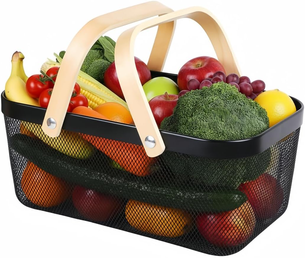 Portable Mesh Harvest Basket - Natural Bamboo Handle Foldable Organizer for Kitchen, Garden & Picnic | Ventilated Storage Bin with Rust-Proof Wire, Space-Saving Farmhouse Decor (Pink)