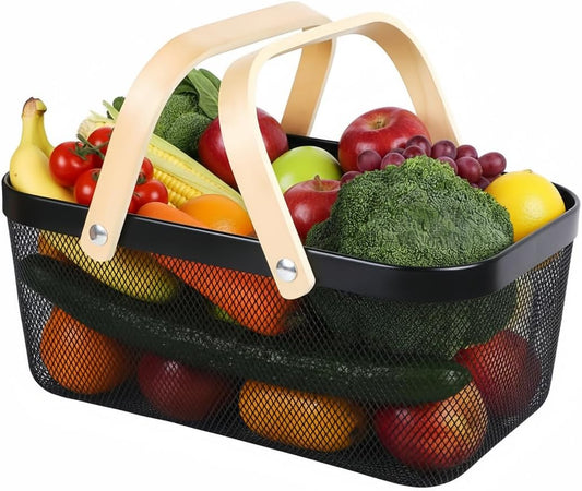 Portable Mesh Harvest Basket - Natural Bamboo Handle Foldable Organizer for Kitchen, Garden & Picnic | Ventilated Storage Bin with Rust-Proof Wire, Space-Saving Farmhouse Decor (Pink)