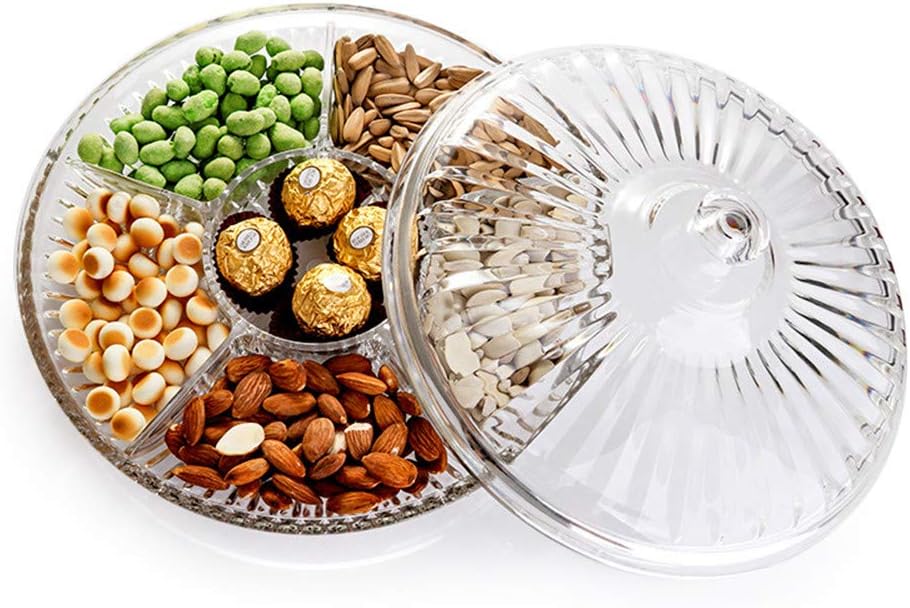 FEOOWV Creative Acrylic Multifunctional Party Snack Tray with Lid,Serving Dishes for Dried Fruits Nuts Candies Fruits,6-Compartment (Round)