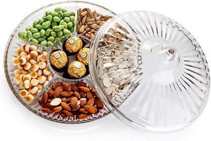 FEOOWV Creative Acrylic Multifunctional Party Snack Tray with Lid,Serving Dishes for Dried Fruits Nuts Candies Fruits,6-Compartment (Round)