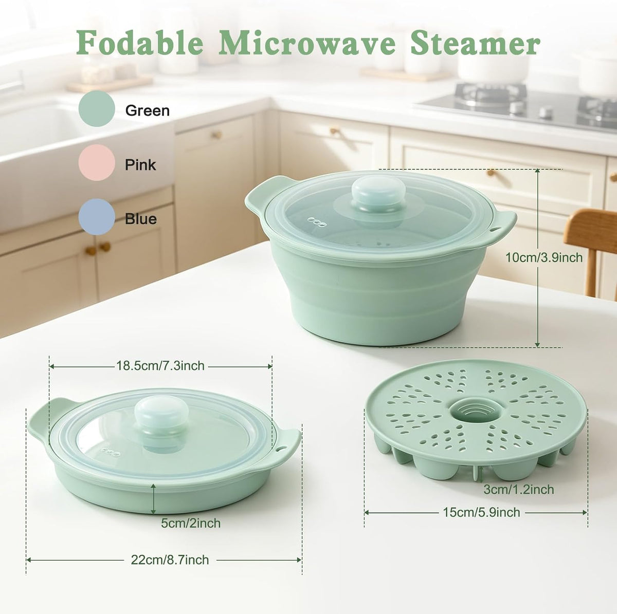 42oz Upgraded Silicone Foldable Microwave Steamer (Light Green)
