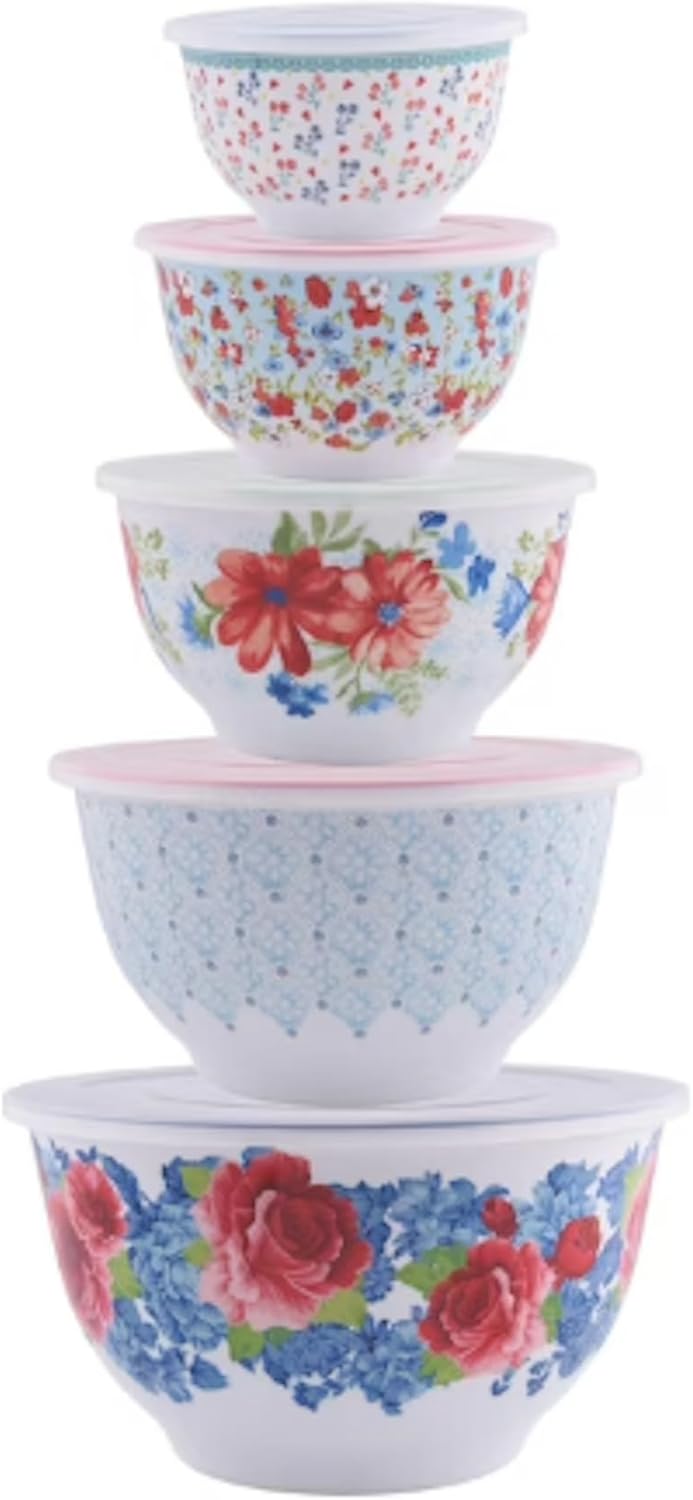 Pioneer Woman Floral Spring Bouquet Melamine Mixing Bowl Set, 10 Piece Set With Lids