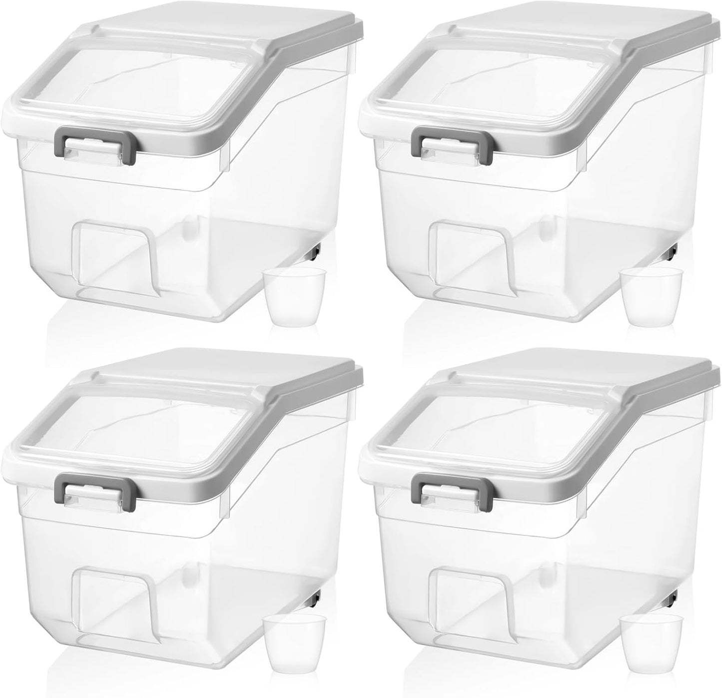 Sunnyray 4 Pcs Rice Storage Container 22 lb Airtight Flour Container with Wheels Measuring Cup Clear Pet Food Cube Dog Cat Birds Food Bin Grain Cereal Organizer Box for Dry Baking Supplies(White Lid)