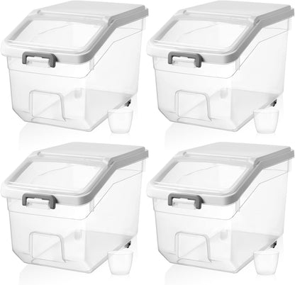 Sunnyray 4 Pcs Rice Storage Container 22 lb Airtight Flour Container with Wheels Measuring Cup Clear Pet Food Cube Dog Cat Birds Food Bin Grain Cereal Organizer Box for Dry Baking Supplies(White Lid)