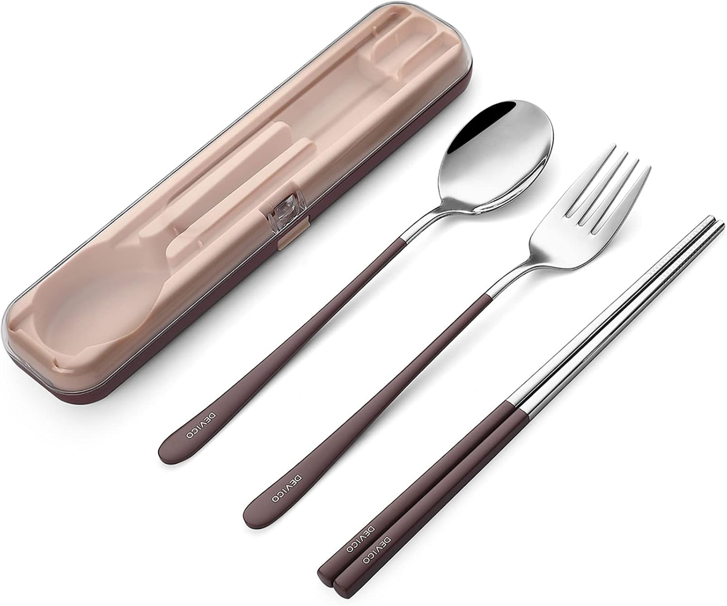 DEVICO Portable Utensils, Travel Reusable Silverware Flatware Set for Lunch, 18/8 Stainless Steel 4-Piece Camping Cutlery Include Fork Spoon Chopsticks with Case (Green)