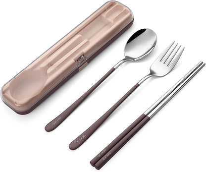 DEVICO Portable Utensils, Travel Reusable Silverware Flatware Set for Lunch, 18/8 Stainless Steel 4-Piece Camping Cutlery Include Fork Spoon Chopsticks with Case (Green)