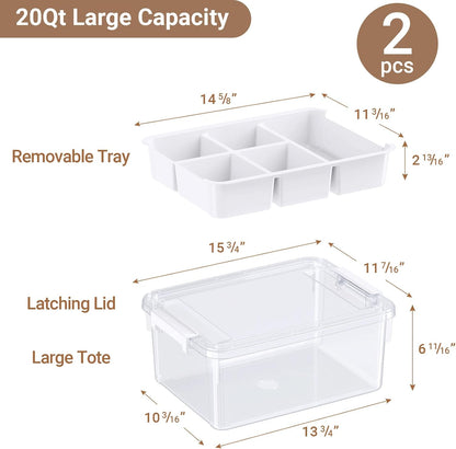 40Qt Stackable Storage Bins with Lids & Trays, Clear Plastic Latching Boxes Organizers with Dividers Portable 10Gal Containers for Arts & Crafts, Home and Car Trunk Organization, 2Pack