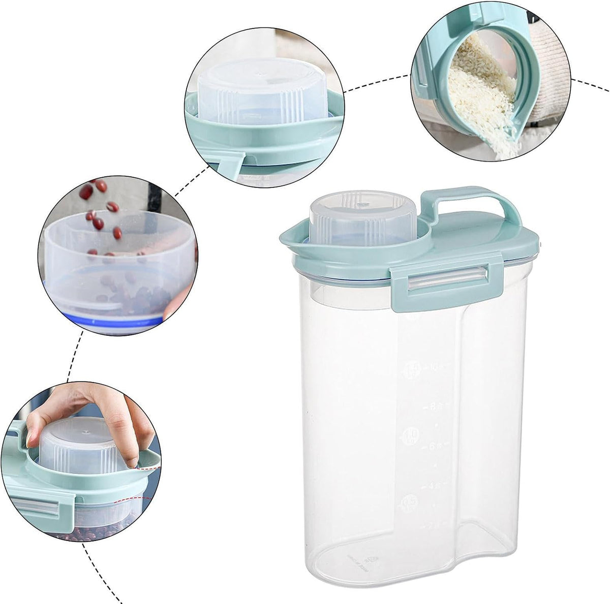 5.5lbs Clear Food Dispenser Container - Airtight Rice Storage Barrel With Handle And Dustproof Measuring Cup, Large Capacity Bin For Soybeans, Grains, Oats, Flour, Lentils, Pasta, Pet Food