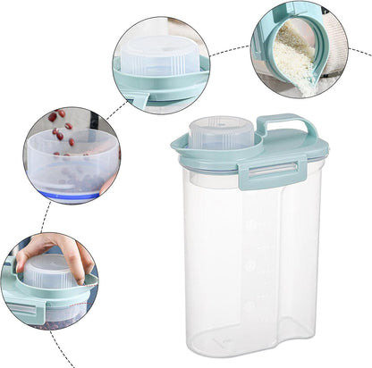 5.5lbs Clear Food Dispenser Container - Airtight Rice Storage Barrel With Handle And Dustproof Measuring Cup, Large Capacity Bin For Soybeans, Grains, Oats, Flour, Lentils, Pasta, Pet Food