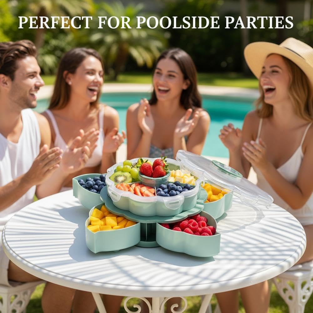 Divided Serving Tray that Spins, Snackle Box Container for Fruits Candy Organizer, Rotating Snack Box Container with Lid, Lazy Spinner Organizer Veggie Fruit Tray for Kitchen, Party and Picnic