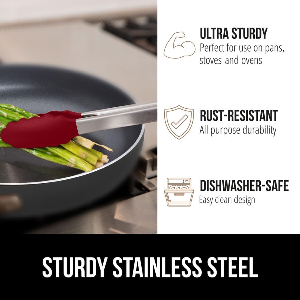 GORILLA GRIP Stainless Steel Heat Resistant Kitchen Tongs for Cooking, Set of 2 BBQ Tong, Non Scratch Silicone Tip for Pans, Strong Grip, Grab Food, Toss Salad, Air Fryer, Pull Lock, 7 + 9 Inch, Black