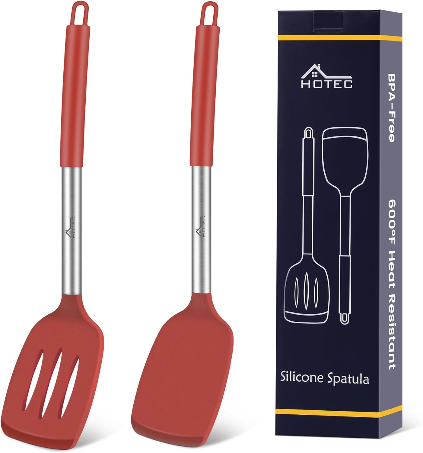 HOTEC Silicone Spatula Set of 2 Heat-Resistant 600°F & BPA-Free Kitchen SaptulaTurner with Stainless Steel Handles, Slotted & Solid Spatulas for Nonstick Cookware, 13.7 Inch, Classic Blue