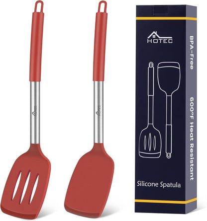 HOTEC Silicone Spatula Set of 2 Heat-Resistant 600°F & BPA-Free Kitchen SaptulaTurner with Stainless Steel Handles, Slotted & Solid Spatulas for Nonstick Cookware, 13.7 Inch, Classic Blue