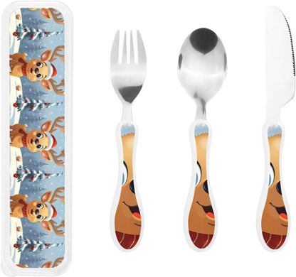3-Piece Kids Silverware Set With Storage Case, Stainless Steel Reusable Children Safe Knife Spoon Fork Set Cartoon Cute Penguin Children Flatware Set For Kids Lunch Box