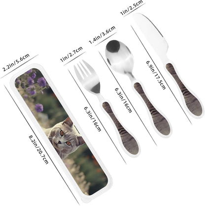 Stainless Steel Kids Silverware Set, Gray Cat In Flower Field Utensil Set Reusable Children Safe Knife Spoon Fork Set With Storage Case Dishwasher Safe For Lunch, Travel Outdoors
