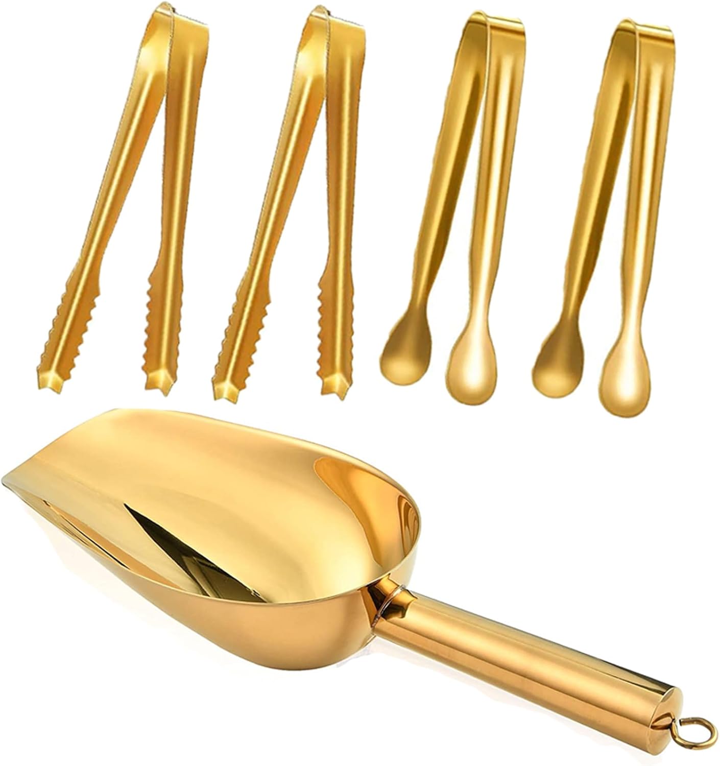 Stainless Steel Ice Scoop and Ice Tongs,Food Scoop Metal Ice Scooper&Buffet Clip for Home Bar Buffet Wedding Canisters, Easy Clean & Durable (gold)