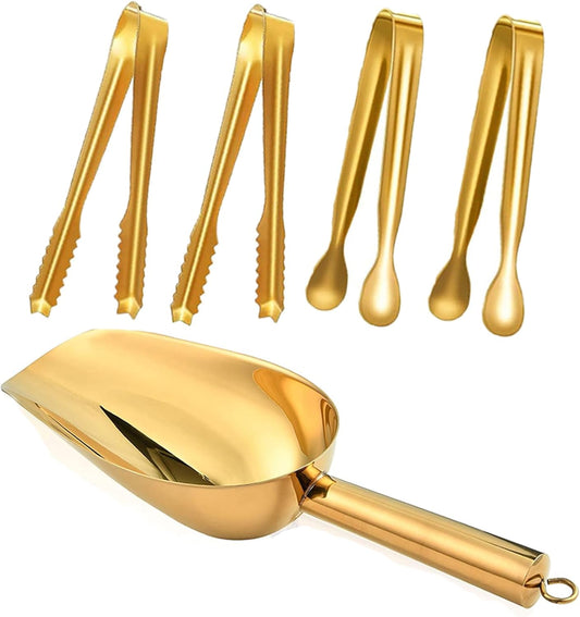 Stainless Steel Ice Scoop and Ice Tongs,Food Scoop Metal Ice Scooper&Buffet Clip for Home Bar Buffet Wedding Canisters, Easy Clean & Durable (gold)