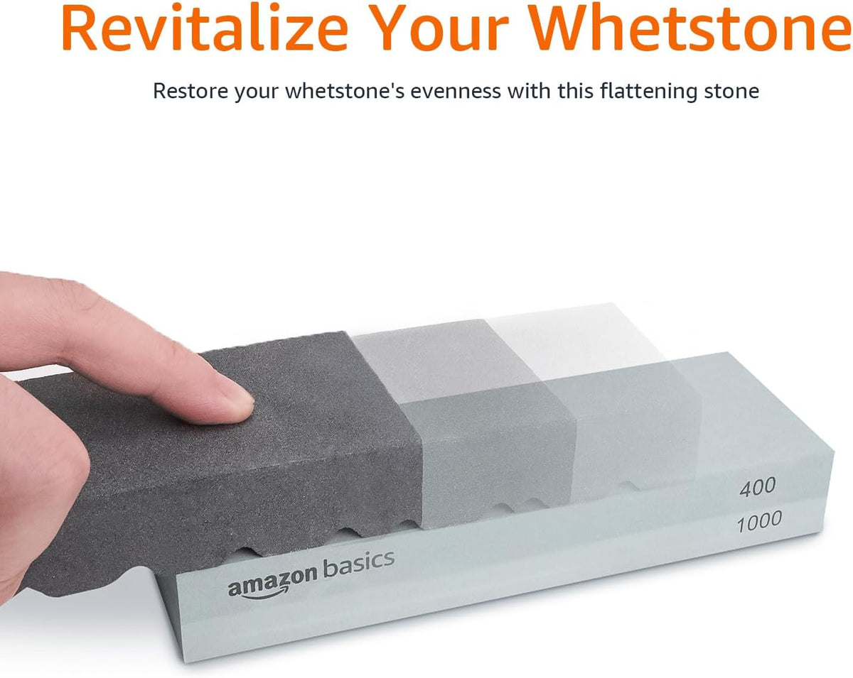 Amazon Basics Whetstone Knife Sharpening Stone, Double-Sided 1000/6000 Grit with Angle Guide, Non-Slip Bamboo Base, Black & Grey