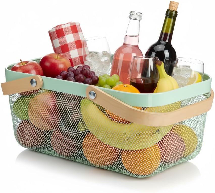 Portable Mesh Harvest Basket - Natural Bamboo Handle Foldable Organizer for Kitchen, Garden & Picnic | Ventilated Storage Bin with Rust-Proof Wire, Space-Saving Farmhouse Decor (Pink)
