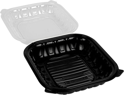 Thermo Tek 40 Ounce Clamshell Containers, 50 Disposable Take Out Boxes - 3 Compartments, Ventilated Lids, Black Plastic Meal Prep Containers, Microwavable, For Pasta Or Salads - Restaurantware