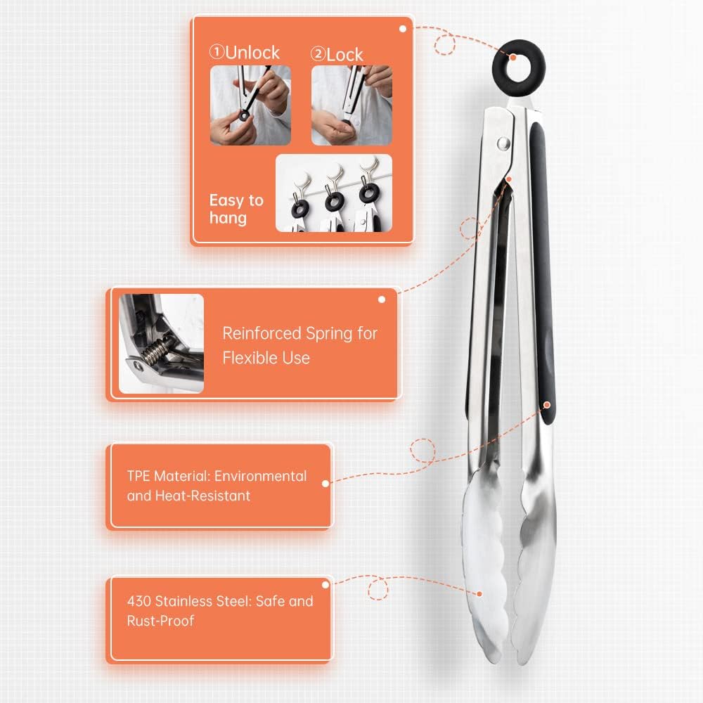 Stainless Steel Tongs Set, Food Grade Stainless Steel Kitchen Tongs, Heat Resistant 600 Degrees, for Cooking, BBQ Barbecue, Grilling, Buffet, Serving (7"+9"+12")
