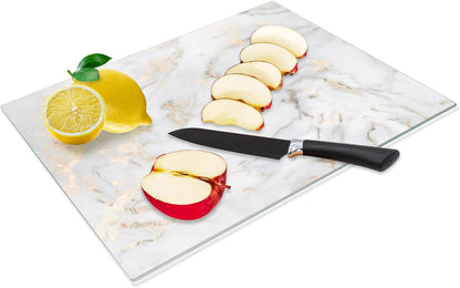 JAMBALAY Tempered Glass Cutting Boards for Kitchen, Gold 12"x8" & 16"x12" Glass Cutting Board Set with Marble Design, With Non Slip Foot, Shatter and Heat Resistant, Dishwasher Safe