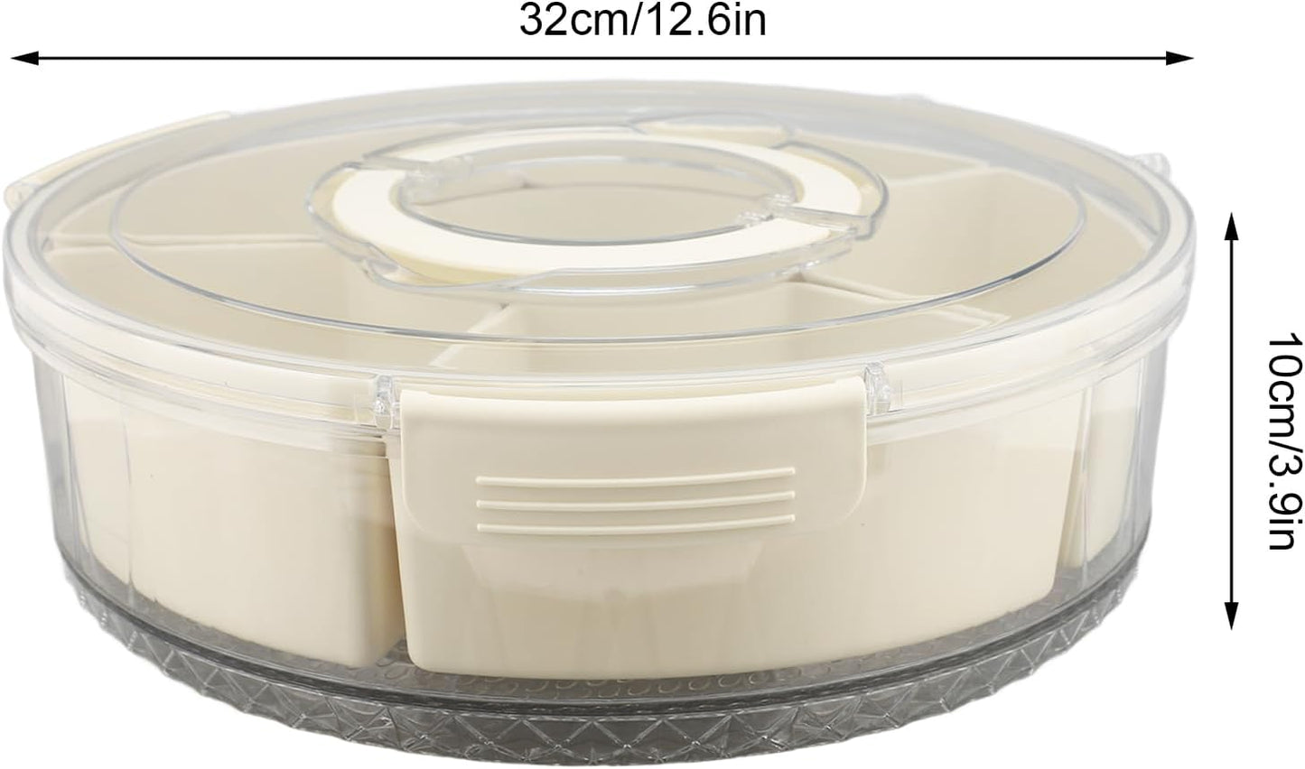 Divided Serving Tray, 360 Degree Rotating Snack Container with 6 Compartments and Transparent Cover Lid, for Party Picnic Beach Travel