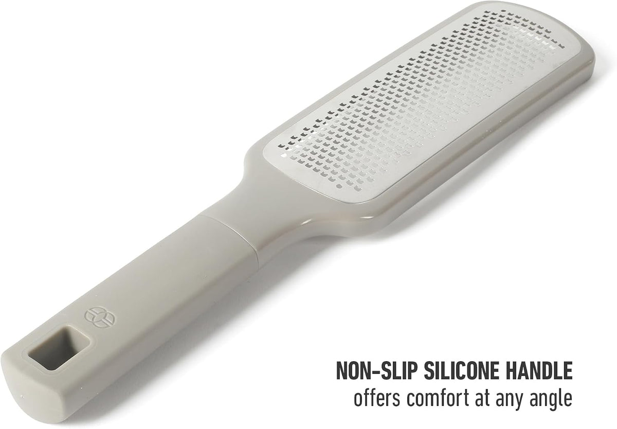 Calphalon Edge Lemon Zester, Stainless Steel Fine Citrus Grater for Lemon, Garlic & Ginger, Handheld Kitchen Zester with Protective Cover & Ergonomic Handle, Taupe