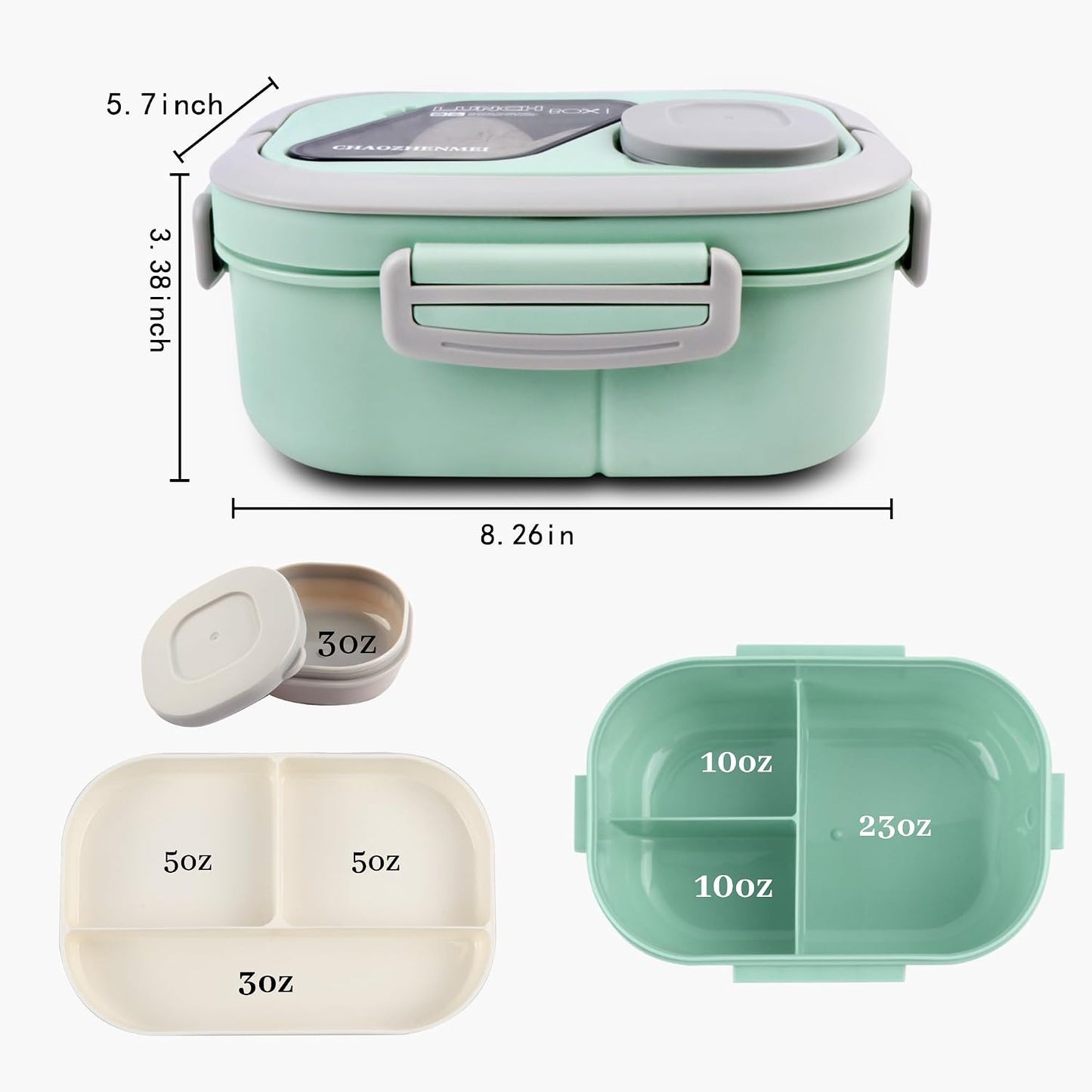 Adults Bento Lunch Box,Salad Container Large 43oz Salad Bowl, Bento-Style Tray for Toppings, 3oz Sauce Container for Dressings, and Built-In Reusable Fork (Green)