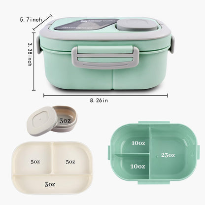 Adults Bento Lunch Box,Salad Container Large 43oz Salad Bowl, Bento-Style Tray for Toppings, 3oz Sauce Container for Dressings, and Built-In Reusable Fork (Green)