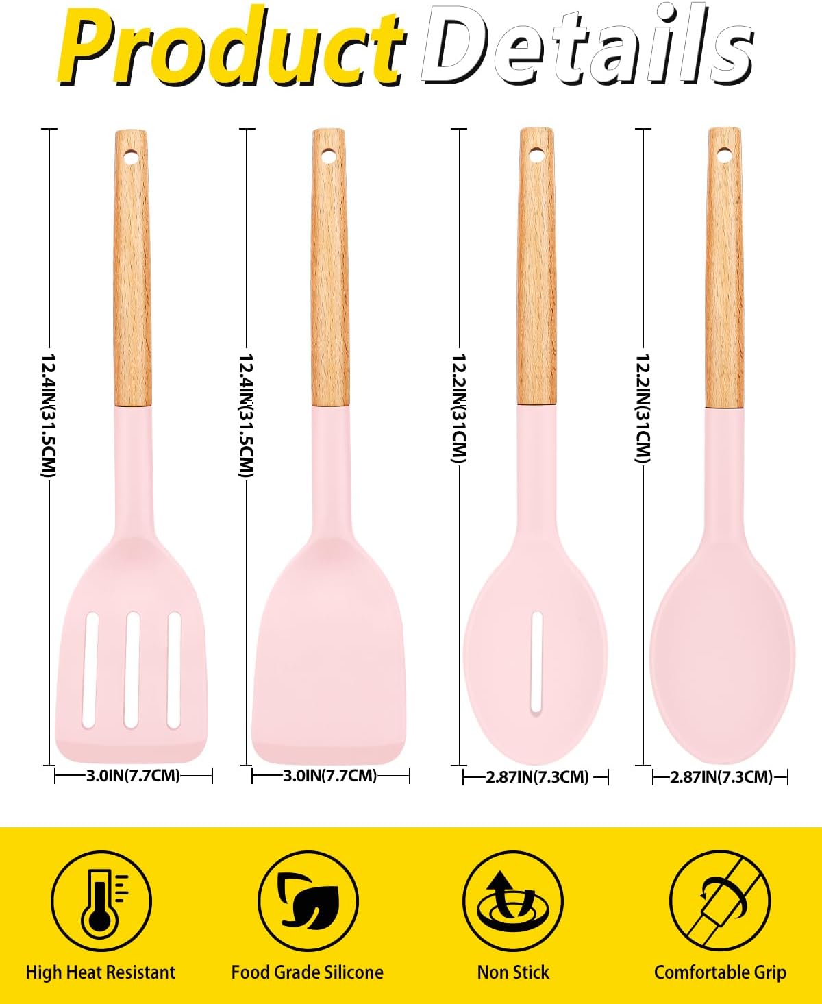 Pack of 4 Silicone Cooking Utensils Set, Non Stick Solid Spatulas and Heat Resistant Slotted Spoons with Wooden Handle, Ideal Wood Kitchen Utensils Set for Frying,Serving,Turning,Stirring (KHAKI)
