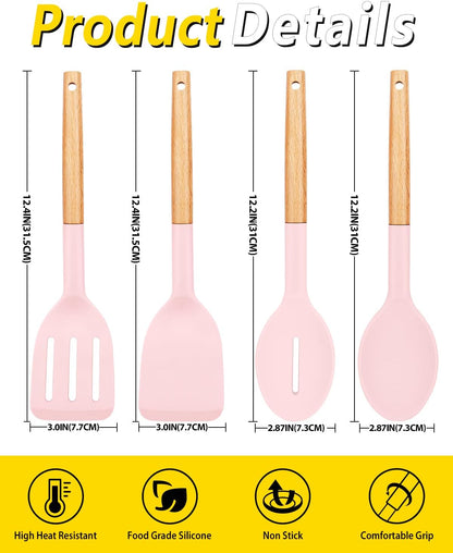Pack of 4 Silicone Cooking Utensils Set, Non Stick Solid Spatulas and Heat Resistant Slotted Spoons with Wooden Handle, Ideal Wood Kitchen Utensils Set for Frying,Serving,Turning,Stirring (KHAKI)