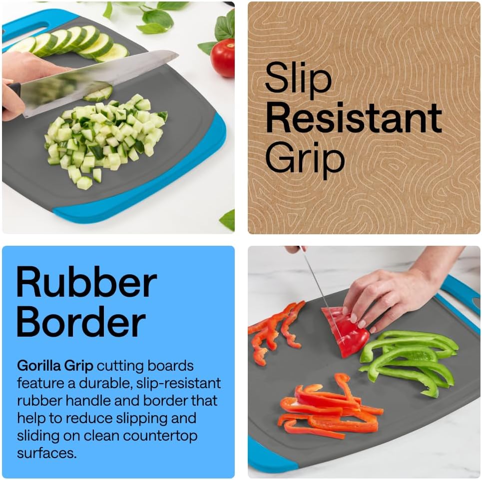 GORILLA GRIP BPA-Free Reversible Kitchen Cutting Board Set of 3, US Designed, Nonporous, Juice Grooves Catch Liquid, Slip Resistant Border, Dishwasher Safe, Durable Large Food Chopping Boards, Black