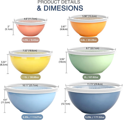 Greentainer Plastic Mixing Bowls with Lids Set for Kitchen, 6 Set Nesting Bowls for Mixing, Baking, Prepping, Cooking and Serving Food, Mixing Bowls Dishwasher, Microwave Safe