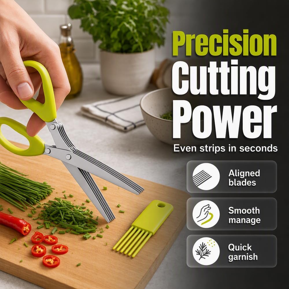 5-Blade Stainless Steel Herb Scissors Multipurpose Kitchen Gadgets (Green)