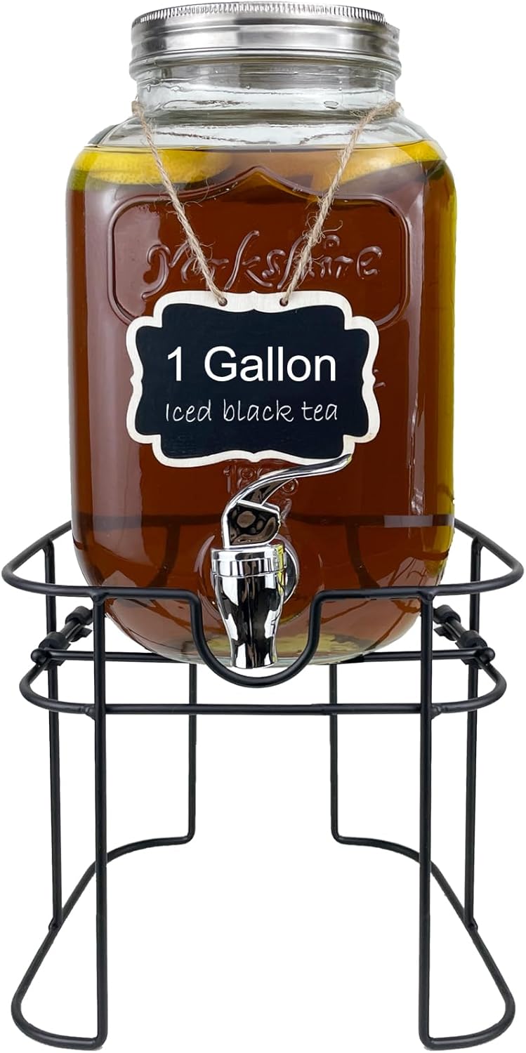 1 Gallon Glass Drink Dispenser for Parties, 2 Packs Juice Lemonade Ice Tea Water Dispenser with Stand, HENABLE Beverage Dispensers with Spigot for BBQ, Picnic, Party