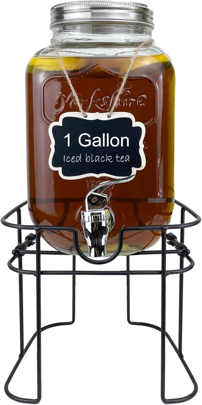 1 Gallon Glass Drink Dispenser for Parties, 2 Packs Juice Lemonade Ice Tea Water Dispenser with Stand, HENABLE Beverage Dispensers with Spigot for BBQ, Picnic, Party