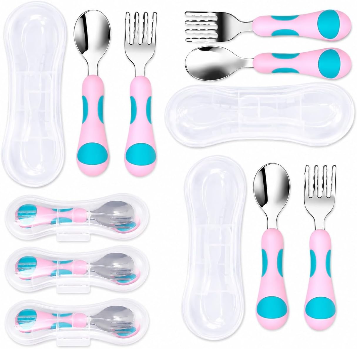 kinsho Toddler Utensils - Kids Silverware Set with Travel Case 3 pack - Stainless Steel Forks Spoons for 1 2 3 4 Years Old. Metal Lunch Box Cutlery for Children Girls, Round Handle, 6 Pieces Pink Blue