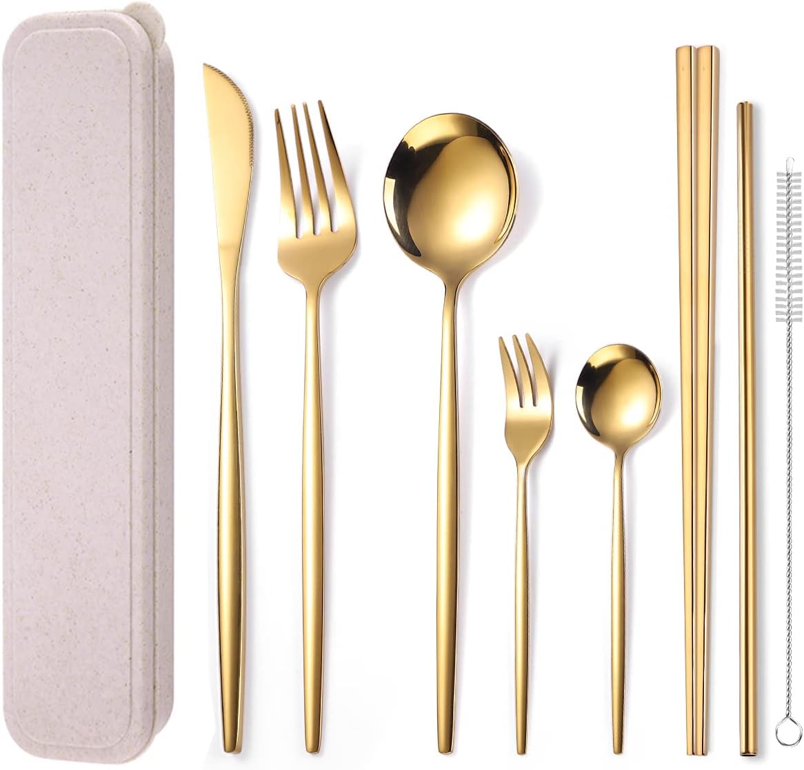 AARAINBOW 8 Pieces Stainless Steel Flatware Set Portable Reusable Cutlery Set Travel Utensils Set Including Chopsticks Knife Fork Spoon Straws Cleaning Brush Dishwasher Safe (Pink Golden)